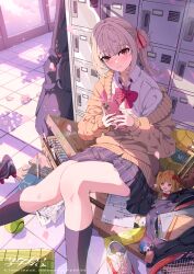  1girl :3 absurdres bag bench black_skirt black_socks blush brown_hair cardigan cellphone cherry_blossoms closed_mouth collared_shirt commentary_request guitar_case hair_ribbon highres holding holding_phone indoors instrument_case light_rays locker long_sleeves looking_at_viewer orange_cardigan original paper pastels phone pink_eyes pleated_skirt rabbit_ear_smartphone_case ribbon sakatsuki_yakumo school_bag school_uniform shirt shoes sidelocks sitting skirt smartphone smartphone_case smile socks solo spring_(season) sunbeam sunlight tile_floor tiles unworn_shoes white_shirt window 