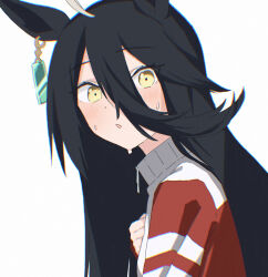  1girl ahoge animal_ear_piercing animal_ears black_hair blush chromatic_aberration commentary double-parted_bangs from_side hair_between_eyes highres horse_ears horse_girl jacket long_hair looking_at_viewer manhattan_cafe_(umamusume) multicolored_hair multicolored_jacket open_mouth red_jacket sidelocks simple_background solo streaked_hair sugidoritos sweat tracen_training_uniform track_jacket turning_head two-tone_jacket umamusume white_background white_hair white_jacket yellow_eyes 