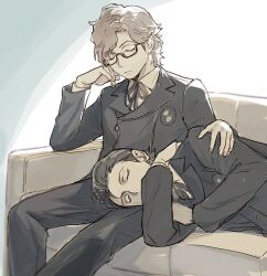  arm_support black_ribbon brown_hair closed_eyes closed_mouth commentary_request couch gekkoukan_high_school_uniform hair_slicked_back hiraga_keisuke isa_(peien516) lap_pillow lying male_focus neck_ribbon odagiri_hidetoshi on_couch on_side pants persona persona_3 ribbon school_uniform short_hair sitting sleeping sleeping_on_person 
