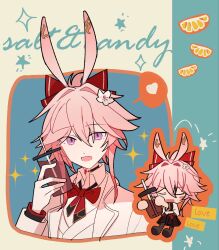  1girl animal_ears beibc_eee black_skirt bow bowtie chibi commentary cup disposable_cup english_text evanescia_(honkai:_star_rail) fox_ears fox_girl highres holding holding_cup honkai:_star_rail honkai_(series) jacket pink_hair red_bow red_bowtie shirt short_hair skirt untranslatable_commentary violet_eyes white_jacket white_shirt 