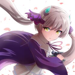  1girl absurdres atnamiret blunt_ends brown_hair collared_shirt commentary_request cowboy_shot dutch_angle fake_horns falling_petals fighting_stance floating_hair gun hair_between_eyes hair_ribbon heaven_burns_red highres holding holding_gun holding_weapon horns long_hair looking_at_viewer miniskirt neck_ribbon ogasahara_hisame open_clothes open_robe parted_lips petals pleated_skirt purple_ribbon purple_robe ribbon robe shirt sidelighting sidelocks simple_background skirt solo twintails very_long_hair weapon white_background white_shirt white_skirt yellow_eyes 