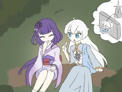  2girls ahoge alternate_costume alternate_eye_color alternate_universe asmoday_(genshin_impact) blue_eyes blue_robe blunt_bangs chibi closed_eyes commentary couple english_commentary fan_hair_ornament genshin_impact grass green_background hair_between_eyes hair_ornament hand_up happy highres index_finger_raised japanese_clothes kabuno_misoshiru kimono laughing leaning_to_the_side long_hair long_sleeves makoto_(genshin_impact) mixed-language_commentary multiple_girls open_mouth outdoors purple_kimono red_sash robe sash sitting smile star-shaped_pupils star_(symbol) symbol-shaped_pupils upper_body white_hair wide_sleeves yuri 