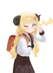 1girl absurdres aged_down backpack bag black_skirt blonde_hair closed_mouth commentary_request hair_ornament hairpin highres hololive horns long_hair looking_at_viewer official_alternate_costume omochiarts one_eye_closed randoseru sheep_girl sheep_horns shirt skirt smile tsunomaki_watame tsunomaki_watame_(young) violet_eyes virtual_youtuber white_background white_shirt 