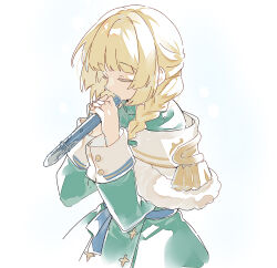  1girl aged_down ap_bar blonde_hair braid closed_eyes coat fire_emblem fire_emblem:_three_houses fire_emblem_heroes flute green_coat holding holding_instrument ingrid_brandl_galatea ingrid_brandl_galatea_(chivalrous_heart) instrument long_hair official_alternate_costume official_alternate_hairstyle recorder simple_background solo standing twin_braids upper_body white_background 