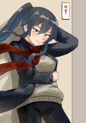 1girl alternate_costume black_hair black_jacket black_pants brown_scarf commentary_request cowboy_shot grey_sweater highres jacket kantai_collection long_hair nekotarou_(nktr299) pants red_eyes restroom_symbol ribbed_sweater scarf sidelocks solo sweater yahagi_(kancolle) 
