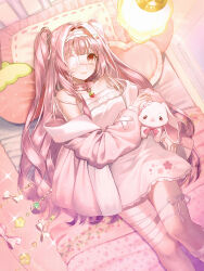  1girl absurdres animal bandage_on_thigh bandages bare_shoulders belt belt_collar bow camisole collar commentary commission dress eyepatch frilled_hairband frills hair_intakes hairband hanging_light highres jacket long_hair long_sleeves looking_at_viewer loungewear lying medical_eyepatch off_shoulder on_back on_bed original pillow pink_belt pink_bow pink_collar pink_eyes pink_hair pink_jacket puffy_short_sleeves puffy_sleeves rabbit short_sleeves skeb_commission sleeveless sleeveless_dress smile solo spaghetti_strap suzuri_suzuna twintails very_long_hair white_camisole white_dress white_hairband 