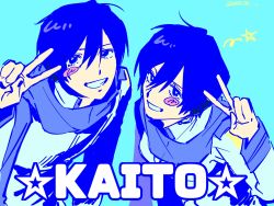  1boy 1girl aqua_background blue_eyes blue_hair blue_scarf blush dual_persona genderswap genderswap_(mtf) highres kaiko_(vocaloid) kaito_(vocaloid) kimtooth scarf simple_background smile v vocaloid yellow_star 