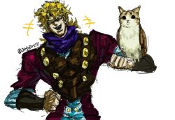  1boy animal_on_arm bird bird_on_arm blonde_hair cat chimera closed_eyes creature dio_brando dirtydirt777 ear_birthmark fangs hand_on_own_hip holding jojo_no_kimyou_na_bouken laughing male_focus meme meowl_(meme) open_mouth phantom_blood purple_scarf scarf simple_background sketch smile solo twitter_username vampire white_background 