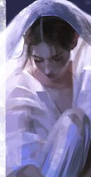  1girl anirrie art_study brown_hair closed_eyes commentary english_commentary facing_down highres original signature solo veil white_veil 