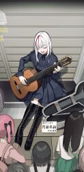  6+girls absurdres acoustic_guitar black_boots black_bow black_nails blue_dress boots bow closed_eyes commentary_request dress fingernails frills green_skirt grey_hair guitar guitar_case hair_bow highres hinamizawa_hinami_(tetto) igarashi_ritsu_(tetto) instrument instrument_case jirai_kei knee_boots lace-up_boots long_hair long_sleeves medium_hair multicolored_hair multiple_girls music open_mouth original outdoors pink_hair platform_boots playing_guitar playing_instrument red_hair red_streaks shirt short_sleeves sidelocks signature sitting skirt solo_focus streaked_hair subculture-chan_(tetto) teeth tetto_(onnoveltet) thigh_boots translation_request twintails upper_teeth_only white_hair white_shirt 