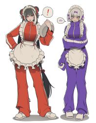  ! 2girls absurdres apron black_hair bow breasts embarrassed frilled_apron frills full_body hair_bun highres holding holding_plate jacket jersey_maid jia_xichun_(project_moon) kira_(project_moon) large_breasts limbus_company long_hair long_sleeves maid maid_apron misg1111 multiple_girls open_mouth plate project_moon purple_bow purple_track_suit red_track_suit shoes simple_background sneakers track_jacket track_suit turtleneck turtleneck_jacket unconventional_maid white_apron white_background white_hair 