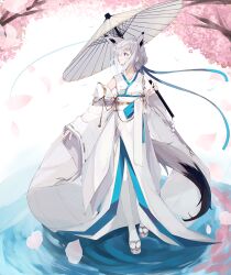  1girl absurdres animal_ears azur_lane blue_eyes cherry_blossoms closed_mouth detached_sleeves fox_ears fox_girl fox_tail full_body hair_between_eyes hair_bun highres holding holding_umbrella japanese_clothes kawakaze_(azur_lane) kawakaze_(unsullied_white_fox)_(azur_lane) kimono light_smile long_sleeves looking_to_the_side natsuki_(natsu_1936) official_alternate_costume oil-paper_umbrella platform_sandals ribbon-trimmed_clothes ribbon-trimmed_sleeves ribbon_trim sandals sash solo tail thigh-highs uchikake umbrella white_hair white_kimono white_thighhighs wide_sleeves 