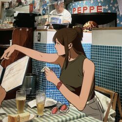  1boy 1girl ace_attorney alternate_costume amikoiiko apollo_justice:_ace_attorney brown_hair dark-skinned_male dark_skin ema_skye fingernails from_side glasses green_shirt half_updo handkerchief highres holding holding_handkerchief holding_menu husband_and_wife jewelry klavier_gavin long_hair looking_at_object menu out_of_frame pants photo_background pink-tinted_eyewear pink_wrist_cuffs restaurant ring shirt sitting sleeveless sleeveless_shirt sunglasses tinted_eyewear watch watch wedding_ring white-framed_eyewear white_pants wrist_cuffs 