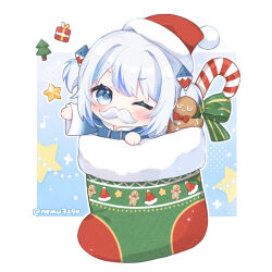  blue_eyes blue_hoodie blue_streaks blush candy candy_cane chibi chibi_only christmas christmas_stocking commentary fake_facial_hair fake_mustache fins fish_tail food gawr_gura gawr_gura_(1st_costume) gingerbread_man grey_hair hair_ornament hat highres hololive hololive_english hood hood_down hoodie long_hair long_sleeves medium_hair multicolored_hair nemuri_(nemu729o) one_eye_closed red_hat santa_hat shark_hair_ornament shark_tail sharp_teeth sleeves_past_wrists streaked_hair tail teeth two_side_up virtual_youtuber wide_sleeves 