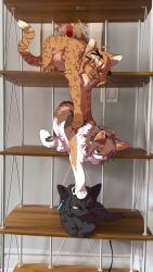  aaasakawa agnes_tachyon_(umamusume) ahoge animalization black_cat calico_(pattern) calico_cat cat chinese_commentary commentary fang highres jungle_pocket_(umamusume) light_switch lying manhattan_cafe_(umamusume) no_humans on_stomach one_eye_closed photo_background recursive_animalization red_eyes shelf umamusume yellow_eyes 