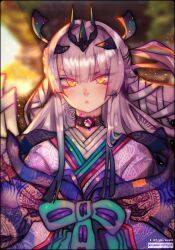  1girl absurdres blurry blurry_background choker closed_mouth expressionless fate/grand_order fate_(series) highres japanese_clothes long_hair looking_at_viewer maewenmitzuki melusine_(fate) orange_eyes sidelocks solo upper_body very_long_hair 