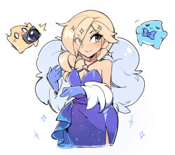  1girl almightychiru blue_dress blue_eyes blue_luma camera closed_mouth commentary dress english_commentary highres holding holding_camera luma_(mario) nintendo rosalina scarf star_(symbol) super_mario_bros. white_background 