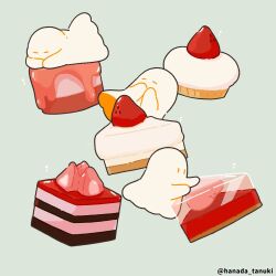  artist_name cake cake_slice commentary floating food fruit fruit_tart ghost grey_background hanada_tanuki no_humans on_food original sheet_ghost simple_background strawberry tart_(food) untranslatable_commentary 
