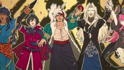  absurdres armor black_hair blonde_hair closed_eyes coat constantine_xi_(fate) dark-skinned_male dark_skin dragon_girl dragon_horns dragon_tail earrings elizabeth_bathory_(fate) fate/grand_order fate/strange_fake fate_(series) fur-trimmed_coat fur_trim gloves highres horns jewelry mehmed_ii_(fate) necklace open_mouth parody pink_hair romulus-quirinus_(fate) shirt shooou_0104 smile tail turban vlad_iii_(fate/apocrypha) 