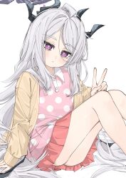  1girl ahoge black_halo black_horns blue_archive blush cardigan commentary_request demon_girl demon_horns demon_wings halo highres hina_(blue_archive) hina_(pajamas)_(blue_archive) horns knees_up long_hair long_sleeves looking_at_viewer multiple_horns official_alternate_costume pajamas pink_pajamas polka_dot polka_dot_pajamas simple_background sitting solo v violet_eyes wasabi_koharu white_background white_hair wings yellow_cardigan 