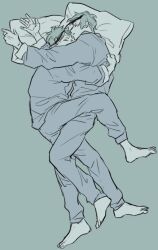  2boys arm_around_another's_back barefoot blue_background brothers chuu_ni closed_eyes commentary_request floyd_leech from_above jade_leech long_sleeves lying male_focus monochrome multicolored_hair multiple_boys on_side open_mouth pajamas pants parted_bangs pillow shirt short_hair siblings simple_background sleeping streaked_hair twins twisted_wonderland 