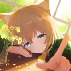  1girl animal_ear_fluff animal_ears arknights blonde_hair blue_eyes closed_mouth dog_ears dog_girl flower green_jacket hair_between_eyes highres index_finger_raised jacket long_sleeves looking_at_viewer petal_in_mouth petals podenco_(arknights) pointing pointing_at_viewer pt-cr ribbon smile solo thumb yellow_flower yellow_petals yellow_ribbon 
