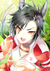  1girl air_shakur_(umamusume) animal_ears black_hair blush chiffon collarbone commentary_request eyebrow_piercing face_piercing food gym_shirt highres holding holding_food holding_popsicle horse_ears horse_girl horse_tail jacket linked_piercing long_hair long_sleeves looking_at_viewer open_mouth piercing popsicle red_jacket red_shorts shirt shorts smile solo tail teeth tracen_training_uniform track_jacket umamusume white_shirt yellow_eyes 
