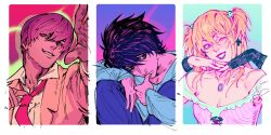  amane_misa bags_under_eyes commentary cross cross_earrings death_note earrings english_commentary fingerless_gloves gloves goth_fashion gothic_punk isa_(babeyxiao) jewelry l_(death_note) necktie neon_palette short_twintails thumb_to_mouth twintails yagami_light 