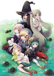  >:) 6+girls :d absurdres aqua_eyes aqua_skirt black_hair black_hat black_robe black_skirt black_thighhighs blonde_hair blue_hair blunt_bangs blush bob_cut boots brown_hair bungo_yayoi buttons closed_mouth colored_eyelashes commentary crab_claw crocs dark-skinned_female dark_skin day double-breasted earrings eyes_visible_through_hair fake_horns flask full_body grass green_eyes grey_hair grey_hat grey_shirt hair_over_one_eye hand_on_own_chest hand_up hat heaven_burns_red helmet highres holding holding_flask horned_helmet horns jewelry long_hair long_sleeves looking_at_viewer lying maruyama_kanata maruyama_squad_(heaven_burns_red) miniskirt multiple_girls narby_(heaven_burns_red) ogasahara_hisame on_side one_eye_closed ooshima_yotsuha open_mouth outdoors pantyhose parted_bangs pleated_skirt red_eyes robe round-bottom_flask sailor_collar sasakura_towa shirt short_hair short_sleeves sitting skirt smile smug split_mouth standing straight_hair tareme tenne_miko thigh-highs triangle_earrings twintails twintails_with_braided_base v-shaped_eyebrows very_long_hair vritika_balakrishnan wavy_hair white_pantyhose white_sailor_collar white_shirt white_skirt wide_sleeves witch_hat yellow_boots yellow_eyes yokozuwari zettai_ryouiki 