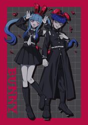  1boy 1girl :d amemiya_darumi animal_ear_hairband animal_ears armband arms_up black_boots black_bow black_coat black_hair black_pants black_sailor_collar black_serafuku black_skirt blue_hair bodysuit boots border bow coat commentary_request earrings english_text eye_print eyeliner eyepatch face_piercing fake_animal_ears full_body gakuran geta gloves grey_background grey_eyes grid_background hair_bow hairband hand_up highres ippainetai_on jewelry labret_piercing last_defense_academy_school_uniform long_hair looking_at_viewer makeup multicolored_hair neckerchief omokage_yugamu one_eye_closed pants pantyhose piercing pink_eyes pleated_skirt print_eyepatch rabbit_ears red_border red_eyeliner runny_makeup sailor_collar school_uniform serafuku short_hair single_tooth skirt smile the_hundred_line_-last_defense_academy- twintails white_armband white_bodysuit white_gloves white_neckerchief white_pantyhose 