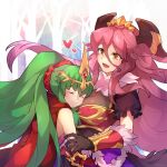  2girls bangs closed_eyes dragalia_lost dragon_horns fang fire_emblem fire_emblem:_mystery_of_the_emblem fire_emblem_heroes gloves green_hair hair_between_eyes hair_ornament heart horns hug long_hair multiple_girls mym_(dragalia_lost) ponytail puffy_short_sleeves puffy_sleeves redhead short_sleeves skin_fang tiki_(fire_emblem) upper_body very_long_hair y_m_erhu yellow_eyes 