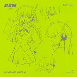  1girl bow bowtie buttons cowboy_shot hand_up headset highres jacket long_hair long_sleeves looking_at_viewer miniskirt monochrome multiple_views open_mouth original pepeppepe101 pleated_skirt skirt standing 