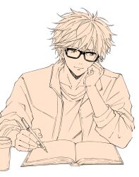  1boy arm_support book closed_mouth commentary_request cup ensemble_stars! fingernails glasses hand_up highres holding holding_pen jacket long_sleeves male_focus monochrome morisawa_chiaki open_book open_clothes open_jacket pen short_hair simple_background smile solo usui_(usui_koi) white_background 