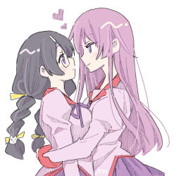  2girls alternate_hair_color black_hair blush bow bowtie braid breasts breasts_squeezed_together glasses hair_ornament hairpin hanekawa_tsubasa heart hug long_hair looking_at_another manimani_(mani_ma) monogatari_(series) multiple_girls naoetsu_high_school_uniform pink_hair purple_skirt school_uniform senjougahara_hitagi skirt smile spoken_heart twin_braids violet_eyes white_background yuri 