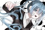  1girl absurdres bangs black_shirt blue_eyes blue_hair blue_nails blunt_ends buttons collared_shirt commentary crescent dutch_angle gauze hair_between_eyes half-closed_eyes hanataro_(sruvhqkehy1zied) hand_up hatsune_miku highres index_finger_raised long_hair long_sleeves looking_at_viewer one_eye_covered open_mouth partially_unbuttoned rolling_girl_(vocaloid) scoop_neck shirt sleeves_past_wrists solo sweatshirt teeth twintails upper_body upper_teeth vocaloid white_background white_shirt wing_collar 