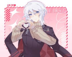  1girl absurdres artist_name belt black_belt black_coat black_vest blue_eyes blush brown_sweater castlwhite closed_mouth coat coat_on_shoulders eyelashes faust_(project_moon) heart heart_hands highres light_smile limbus_company long_sleeves looking_at_viewer medium_hair open_clothes pale_skin project_moon smile sweater turtleneck turtleneck_sweater upper_body vest white_hair 