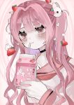  &gt;_&lt; 1girl absurdres bangs black_choker blunt_bangs blush bunny_hair_ornament choker commentary drinking drinking_straw flower food fruit hair_intakes hair_ornament hanataro_(sruvhqkehy1zied) hand_up highres holding holding_carton long_hair long_sleeves original partially_translated pink_background pink_eyes pink_hair pink_nails pink_sailor_collar rabbit sailor_collar school_uniform serafuku sleeves_past_wrists solo strawberry strawberry_milk translation_request twintails two-tone_background upper_body white_background white_flower white_serafuku 