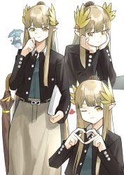  1girl :> ;> absurdres alternate_costume arknights black_jacket blonde_hair buttoned_cuffs buttons chibi chibi_inset closed_mouth collared_jacket commentary contrast_collar elf four-finger_heart_hands green_shirt grey_skirt hands_on_own_cheeks hands_on_own_face heart heart_hands highres holding holding_paper jacket light_smile long_hair long_skirt long_sleeves mole mole_under_eye muelsyse_(arknights) multiple_views one_eye_closed open_clothes open_jacket paper pointy_ears shirt simple_background skirt umbrella unbuttoned_jacket white_background yagi000 yellow_eyes 
