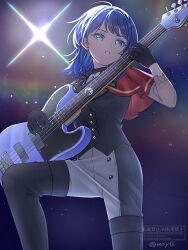  1girl 5-string_bass_guitar bang_dream! bang_dream!_it's_mygo!!!!! bass_guitar black_boots black_corset black_gloves black_hair black_pants blue_eyes boots breasts capelet corset earrings extended_range_bass_guitar gloves happy_birthday highres holding holding_bass_guitar holding_instrument instrument jewelry large_breasts long_sleeves medium_hair moy0i pants red_capelet see-through_clothes see-through_sleeves signature thigh_boots two-tone_pants yahata_umiri 