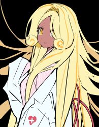  1girl @_@ alternate_costume arm_at_side black_background blonde_hair breasts closed_mouth coat collared_shirt cookie_run cookie_run:_ovenbreak curly_sidelocks dark-skinned_female dark_skin from_behind hair_intakes hair_over_shoulder hand_up heart highres humanization lapels long_hair long_sleeves looking_at_viewer looking_back multicolored_hair no_eyebrows notched_lapels ohta_guk_hip orange_streaks parted_bangs pink_shirt pinstripe_pattern pinstripe_shirt shirt simple_background sleeves_past_fingers sleeves_past_wrists small_breasts smile solo streaked_hair tareme timekeeper_cookie two-tone_hair upper_body very_long_hair white_coat 