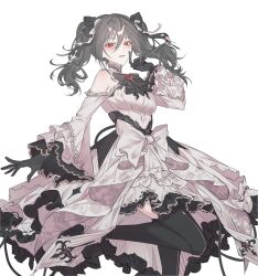  1girl artist_request bare_shoulders black_thighhighs blush bow breasts brooch clothing_cutout commission dress gloves grey_hair highres idolmaster idolmaster_cinderella_girls jewelry kanzaki_ranko lace lace_gloves long_hair looking_at_viewer medium_breasts parted_lips red_eyes second-party_source shoulder_cutout solo standing standing_on_one_leg thigh-highs twintails 
