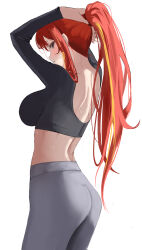  1girl absurdres adjusting_hair akane_lize arms_up bare_back black_eyes blonde_hair blonde_streaks blush breasts closed_mouth commentary_request from_behind gong_e grey_pants highres korean_commentary large_breasts long_hair long_sidelocks long_sleeves looking_at_viewer looking_back midriff mole mole_under_eye multicolored_hair pants ponytail red_hair sidelocks simple_background solo stellive streaked_hair sweat virtual_youtuber white_background 
