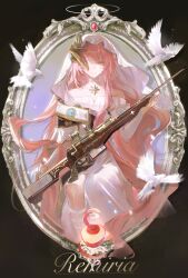  1girl absurdres ambience_synesthesia apple arknights bare_shoulders bird black_background breasts choker disembodied_hand dove dress flower food fruit gun halo highres holding holding_gun holding_weapon jewelry lemuen_(arknights) lemuen_(requiem_vesperis)_(arknights) long_hair miaoling_(miaoling_33zenobia) mirror necklace one_eye_covered pink_eyes red_eyes rifle sitting solo star_(symbol) star_necklace strapless strapless_dress veil weapon white_dress white_veil 