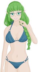 1girl bikini blue_bikini braid breasts busty commission commissioner_upload cowboy_shot crown_braid elf euphemy_sylvaine glasses green_eyes green_hair grin hand_up highres large_breasts long_hair looking_at_viewer navel o-ring o-ring_bikini official_art pointy_ears selinanovalight simple_background smile solo swimsuit transparent_background ways_of_darkness_(series)