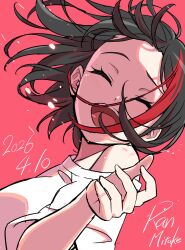  1girl absurdres bang_dream! bang_dream!_girls_band_party! black_hair blush character_name commentary dated floating_hair highres mitake_ran multicolored_hair nobusawa_osamu open_mouth red_streaks shirt short_hair single_off_shoulder solo streaked_hair teeth upper_body upper_teeth_only white_shirt 