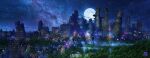 absurdres artist_name black_sky building commentary_request full_moon highres horizon meteor moon night night_sky no_humans original overgrown post-apocalypse real_world_location ruins scenery sky skyscraper star_(sky) starry_sky tokyogenso water waterfall 