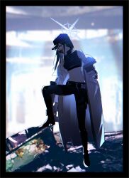  1girl arius_branch_school_logo arius_squad_(blue_archive) baseball_cap belly belt black_hair black_vest blue_archive blue_eyes blue_halo blue_ribbon boots cloak from_side glowing glowing_halo halo hand_in_pocket hat highres knife_sheath long_hair looking_at_viewer mask mouth_mask nmnm2332chan ribbon ruins saori_(blue_archive) sheath solo stepping_on_object thigh_sheath vest 