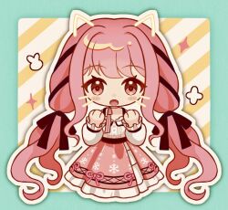  1girl animal_ears aqua_border belt black_belt black_bow black_ribbon blush_stickers border bow bowtie bra_strap brown_eyes buttons cat_ears center_frills chibi chinese_commentary choker clenched_hands commentary_request cropped_legs drawn_ears drawn_whiskers eyelashes frilled_shirt frilled_skirt frilled_sleeves frills hair_bow hair_ribbon himawari901 infinity_nikki layered_skirt long_hair long_sleeves miniskirt nikki_(nikki) nikki_(series) off-shoulder_shirt off_shoulder open_mouth outline outside_border perfect_start_(infinity_nikki) pink_bow pink_bowtie pink_choker pink_hair pink_ribbon pink_skirt pleated_skirt print_skirt puffy_long_sleeves puffy_sleeves ribbon shirt single_stripe skirt sleeves_past_wrists snowflake_print snowflakes solo sparkle straight-on striped_background striped_bow striped_bowtie striped_choker striped_clothes tress_ribbon two-tone_background very_long_hair wavy_hair white_background white_outline white_shirt white_skirt yellow_background 