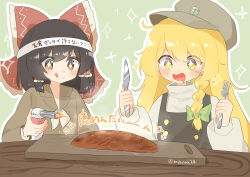  2girls :d absurdres black_hair black_vest blonde_hair blush bow braid brown_eyes brown_shirt closed_mouth commentary_request cutting_board double-parted_bangs drooling edamanecha food fork frilled_bow frilled_hair_tubes frills green_bow grey_hat hachimaki hair_between_eyes hair_bow hair_tubes hakurei_reimu hat headband highres holding holding_fork holding_knife kirisame_marisa knife long_hair long_sleeves meat mouth_drool multiple_girls open_mouth outline red_bow shirt short_hair single_braid smile sparkle touhou turtleneck turtleneck_shirt twitter_username upper_body vest white_outline white_shirt yellow_eyes 