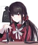  1girl bangs black_sailor_collar bow bowtie breasts closed_mouth danganronpa_(series) danganronpa_v3:_killing_harmony grey_background grey_bow grey_bowtie hair_ornament hair_scrunchie hairclip harukawa_maki highres long_hair low_twintails medium_breasts mole mole_under_eye red_eyes red_scrunchie red_shirt sailor_collar scrunchie shiny shiny_hair shirt simple_background solo sp0i0ppp twintails upper_body 